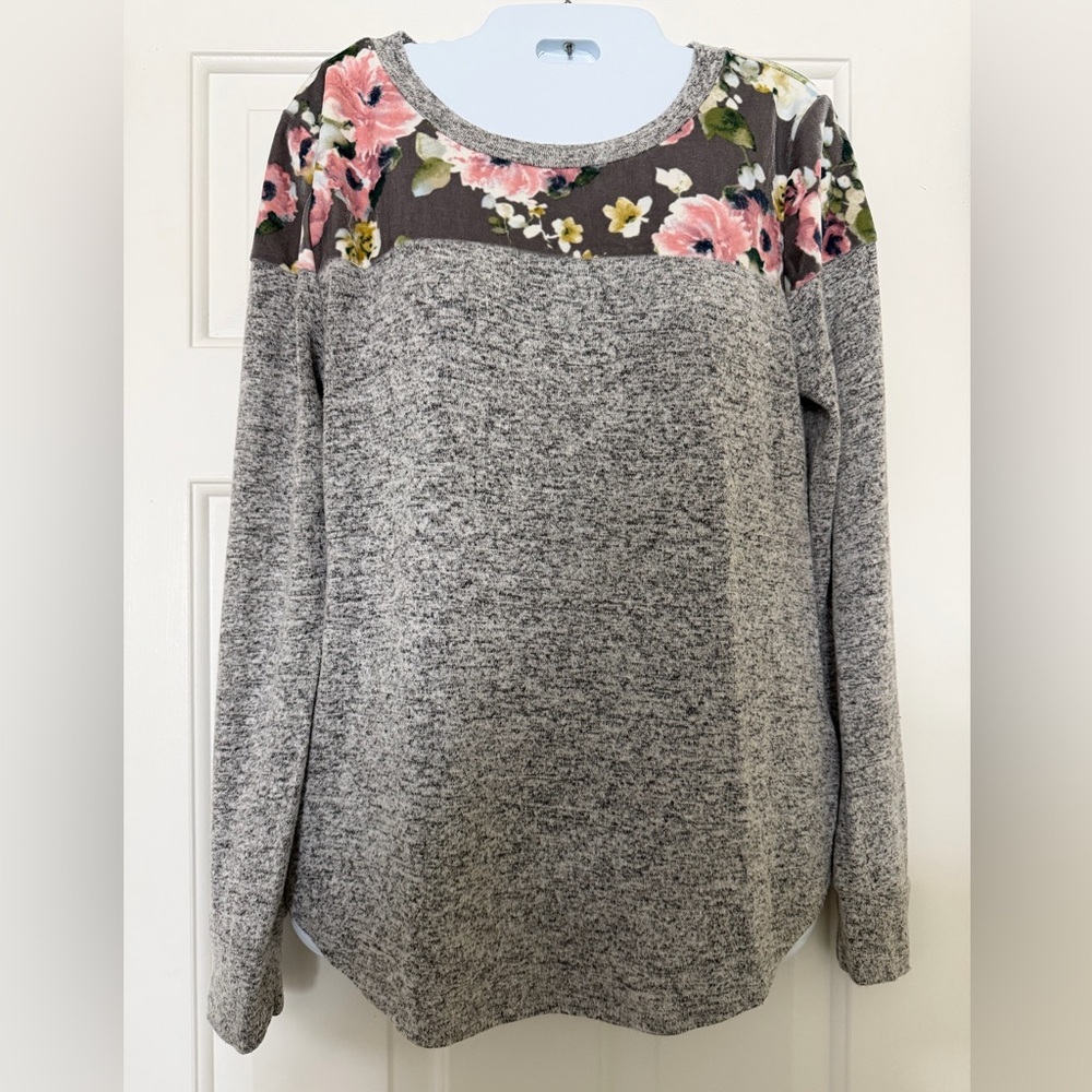 Floral Gray Sweater long sleeve top lightweight sweater loose fitting flowy top